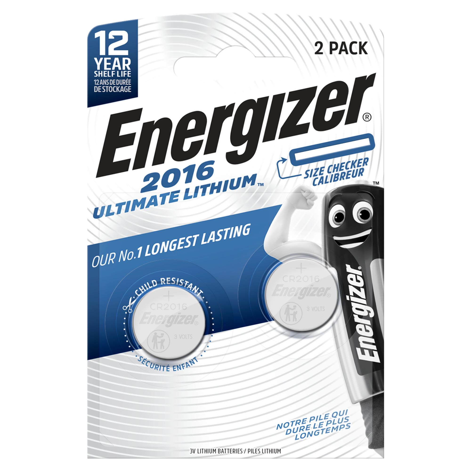 Energizer Ultimate Lithium Knappecellebatteri CR2016, 3 V, 2-pakning