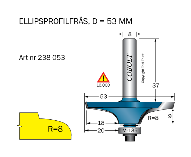 Cobolt 238-053 Profilfräs D=53 L=15 R=8