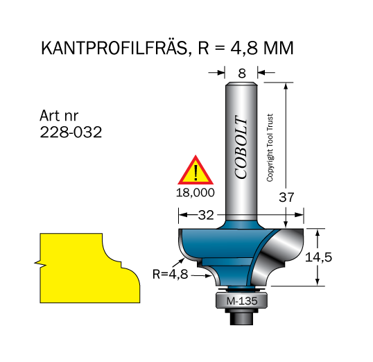 Cobolt 228-032 Profilfräs D=32 L=14,5 R=4,8