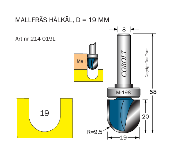 Cobolt 214-019L Hålkälsfräs R=9,5 D=19 L=20