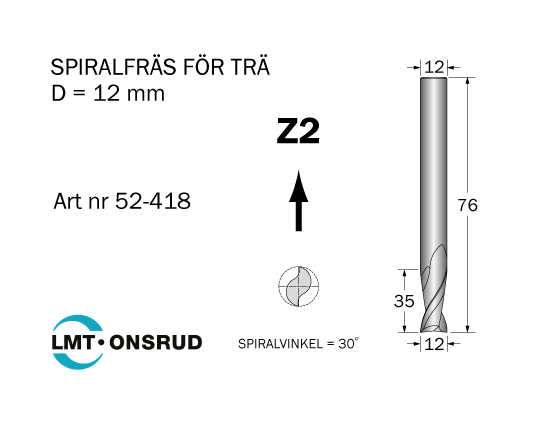 Cobolt 52-418 Spiralfräs D=12 L=35 TL=76 Z=2 S=12