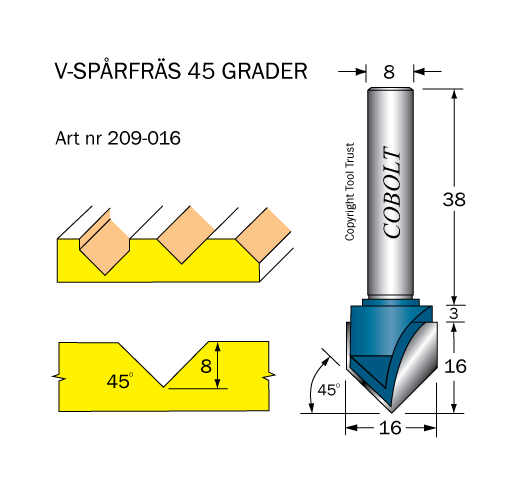 Cobolt 209-016 V-spårsfräs 45° D=16 L=8 TL=53 S=8