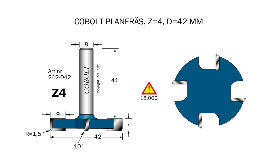 Cobolt 242-042 Planfräs D=42 Z=4 R=1,5 L=7