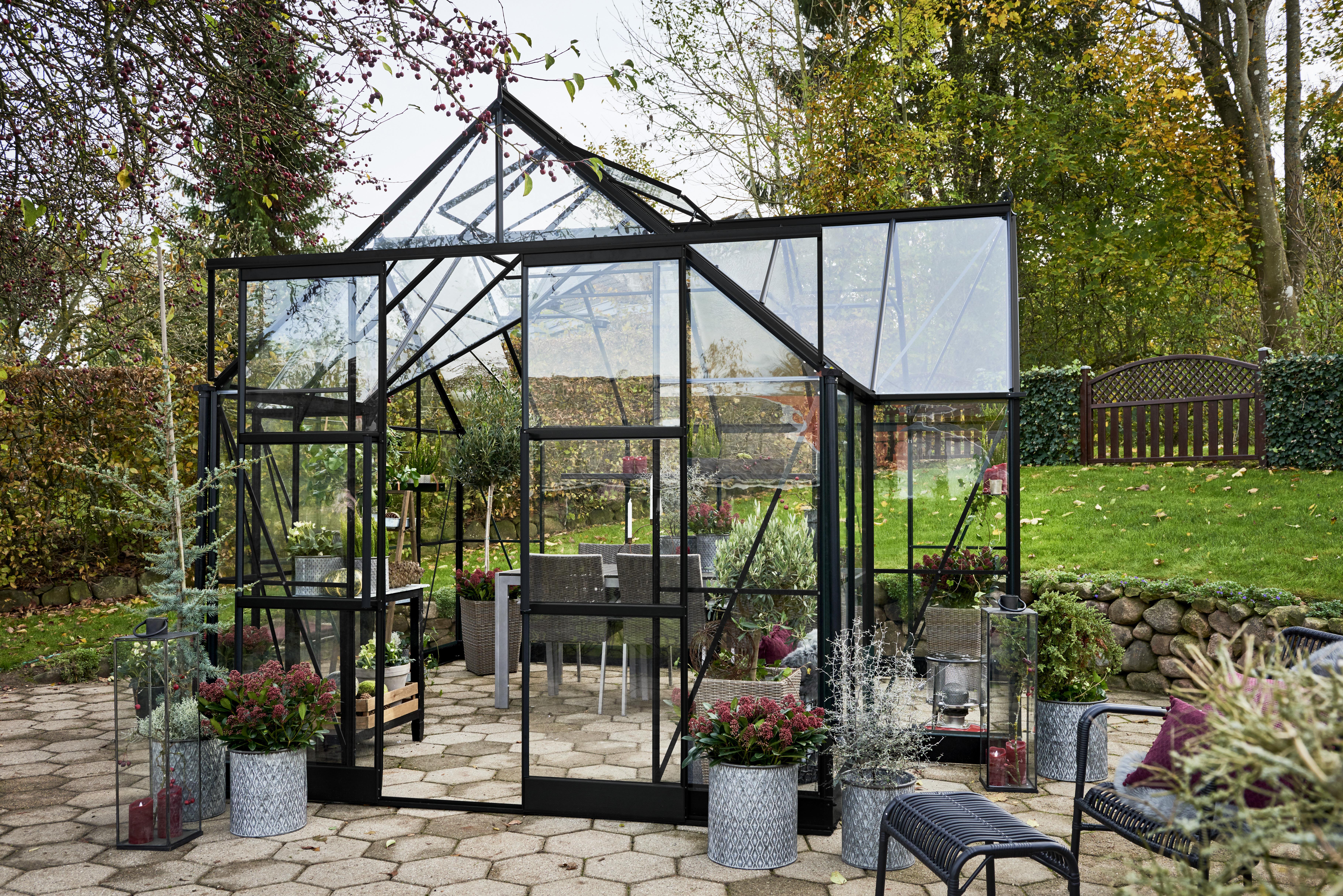 Halls Garden Room + F06482 Växthus med fundament, 12,9 m², svart
