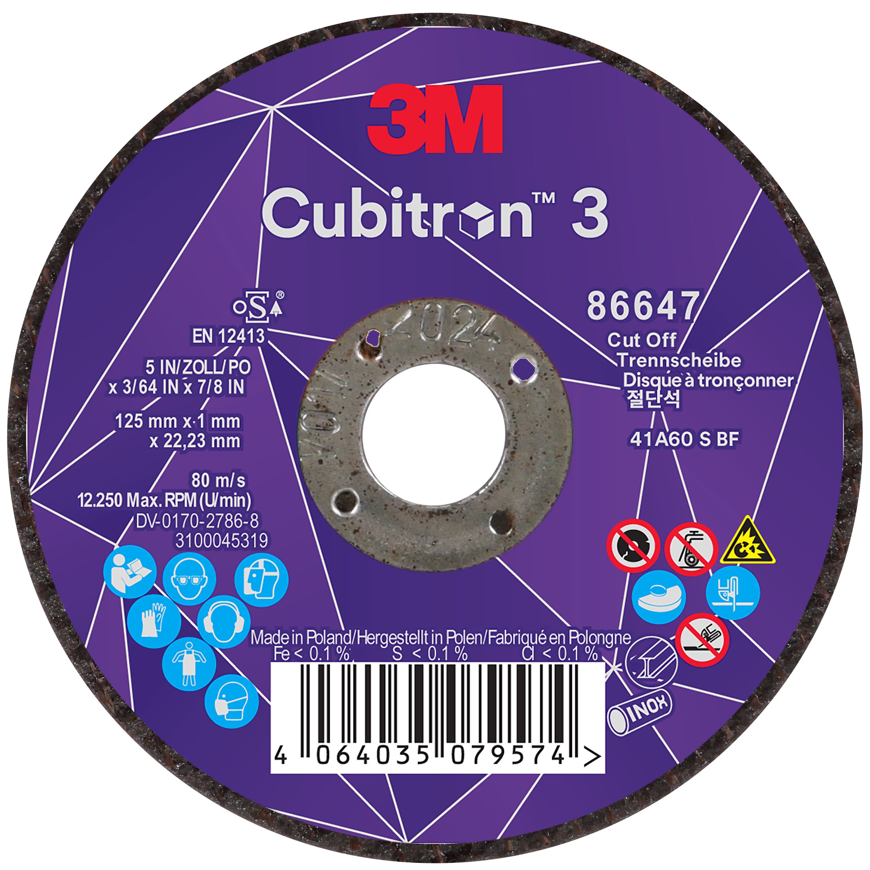 3M Cubitron 3 Katkaisulaikka 22,23 mm x 125 mm Laikan halkaisija 125 mm, karkeus 60+ ja paksuus 1,0 mm