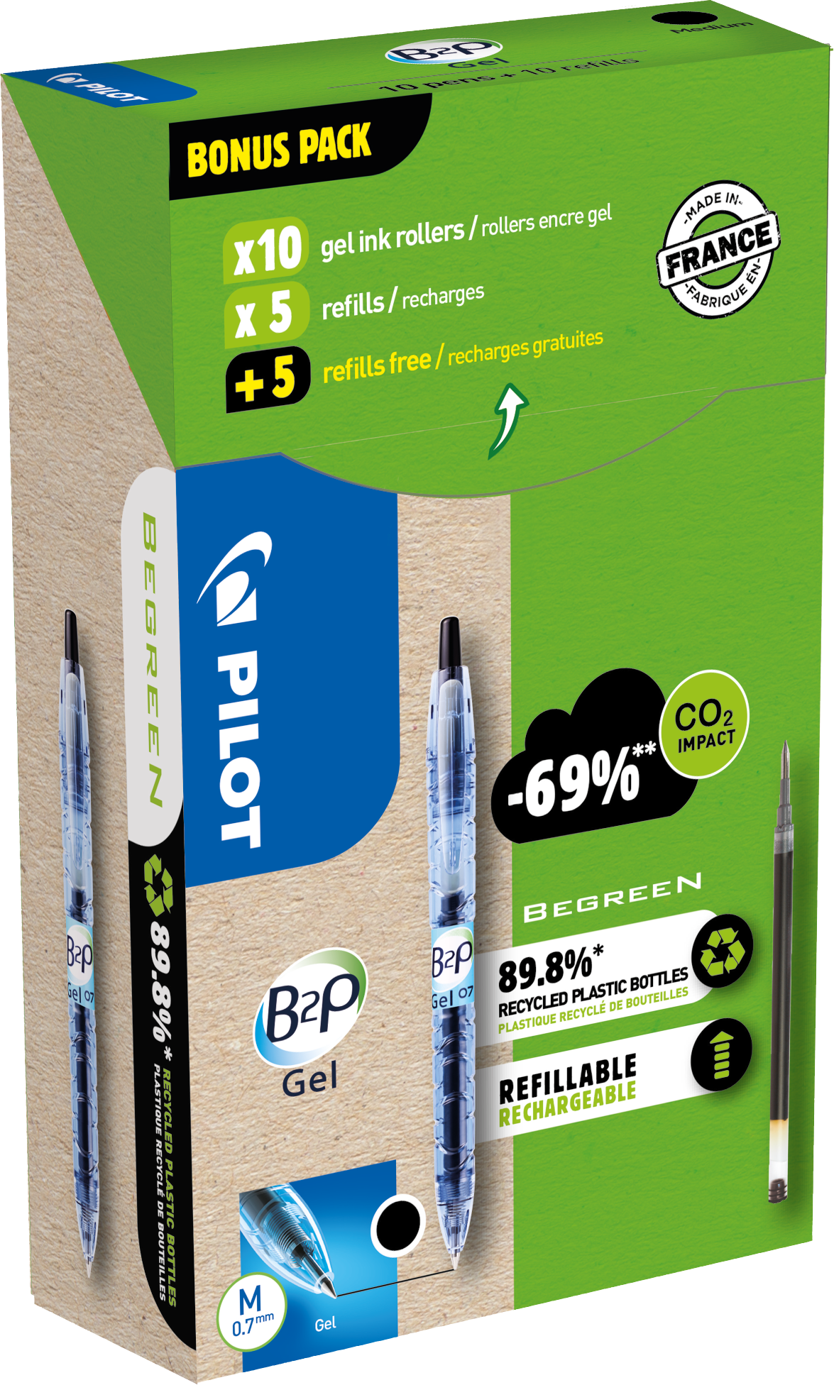 Pilot B2P Gel 556206 Kulepenn med refill, 10-pakk Svart