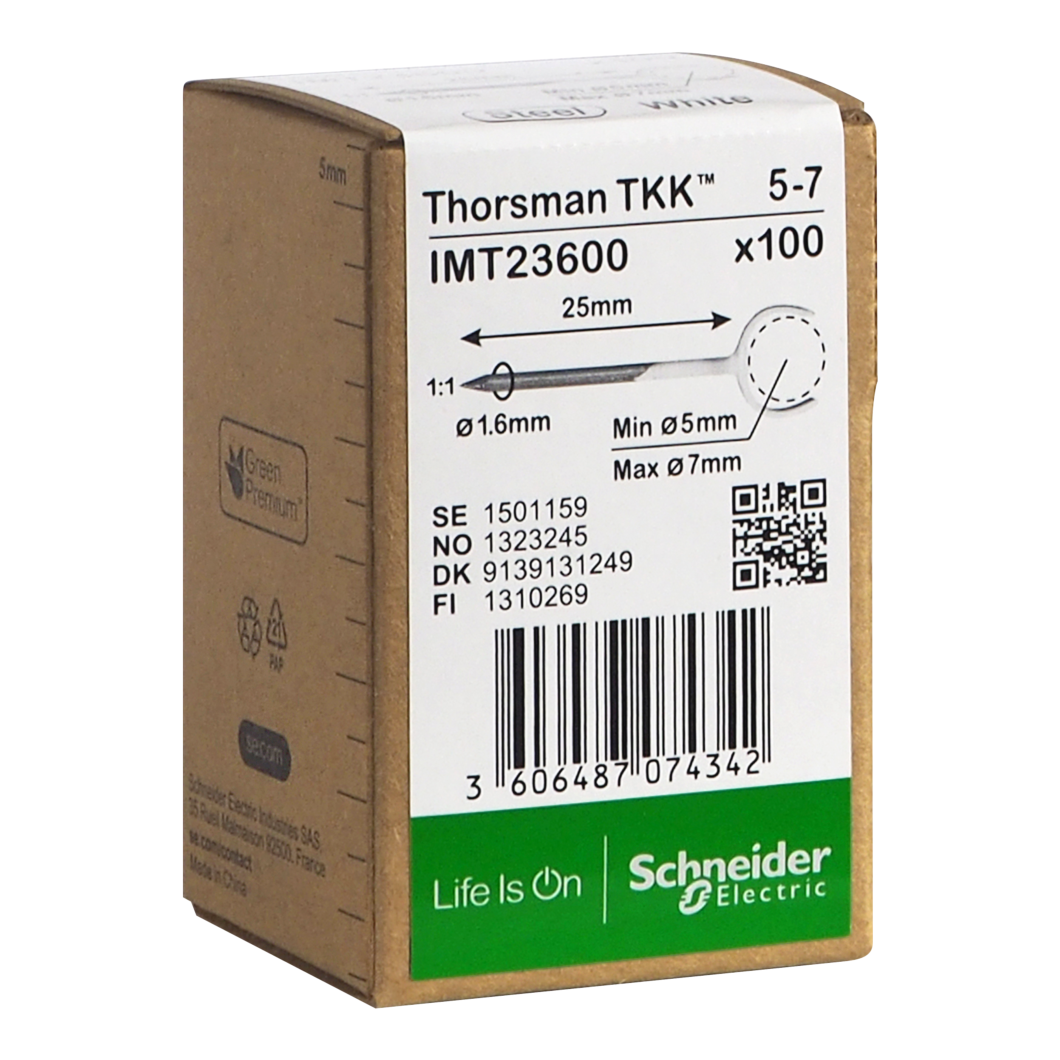 Schneider Electric IMT23600 Klammer spik, 100-pack, rund kabel 5-7, 1,6x25 mm
