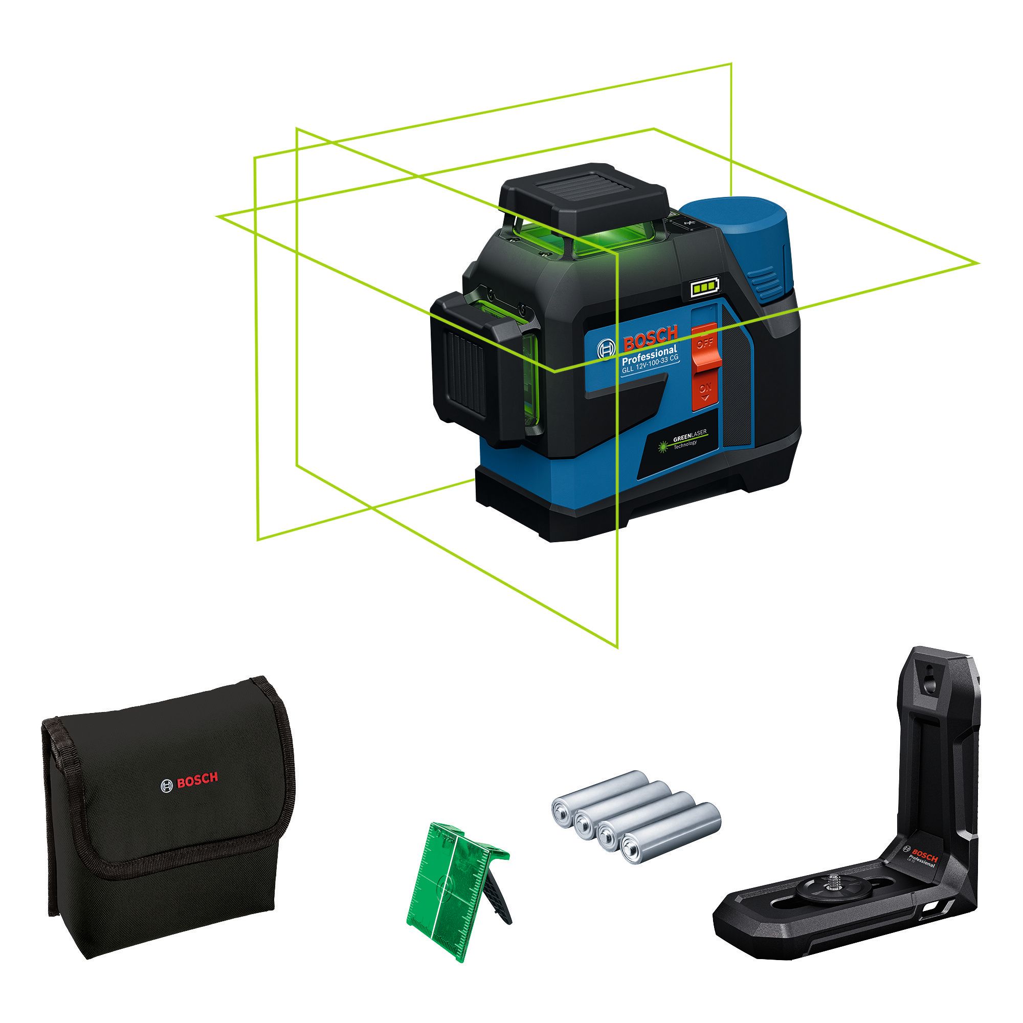 Bosch GLL 12V-100-33 CG Linjalaser vihreä laser, paristoilla ja paristoadapterilla