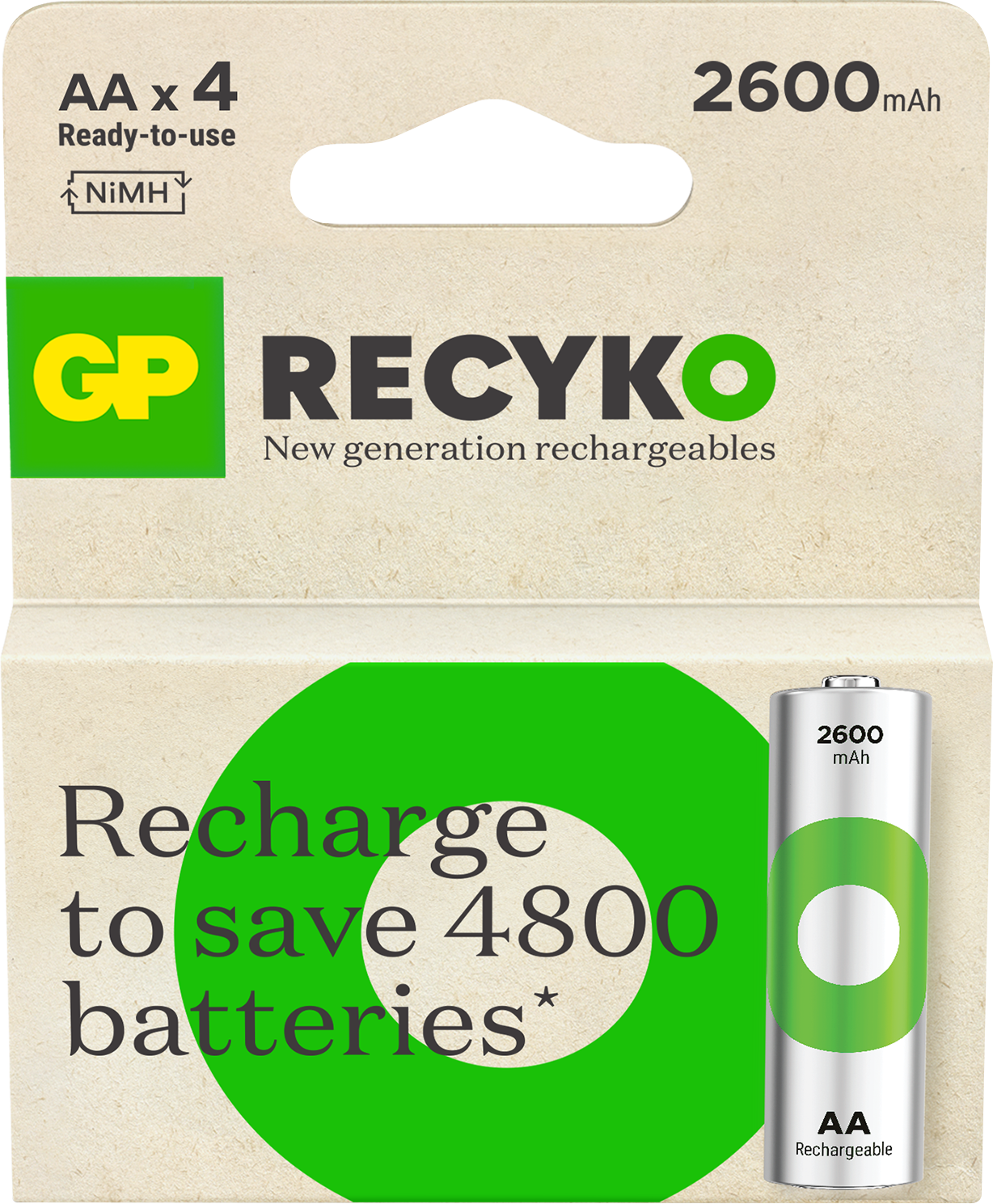 GP Batteries Recyko 201246 Akkuparisto ladattava, AA, 2600 mAh, 4 kpl