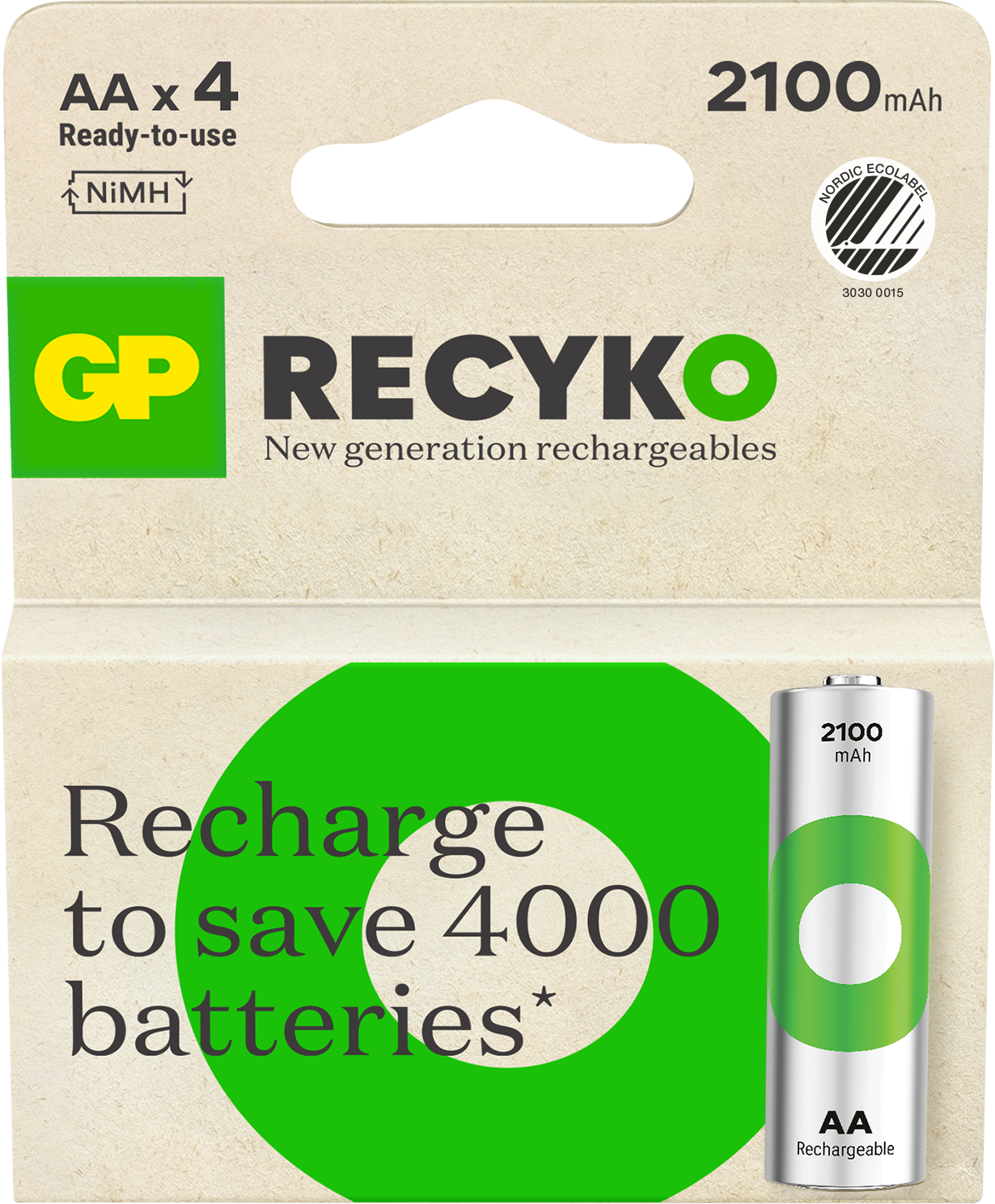 GP Batteries Recyko 201240 Batteri laddbart, AA, 2100 mAh, 4-pack