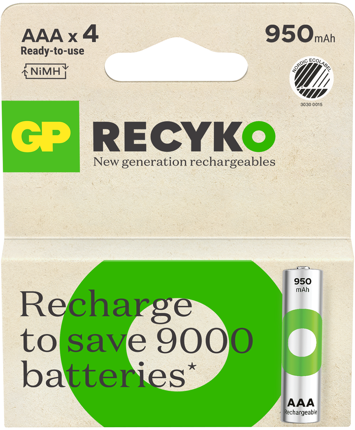 GP Batteries Recyko 201242 Batteri laddbart, AAA, 950 mAh, 4-pack