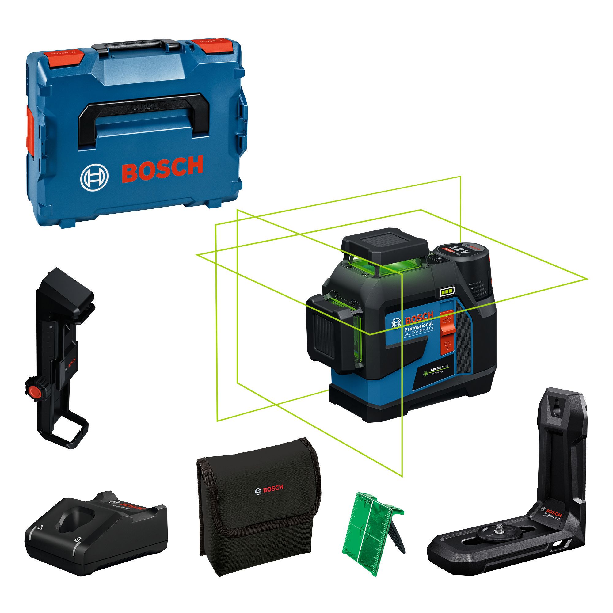Bosch GLL 12V100-33 CG Linjalaser vihreä laser, akulla ja laturilla