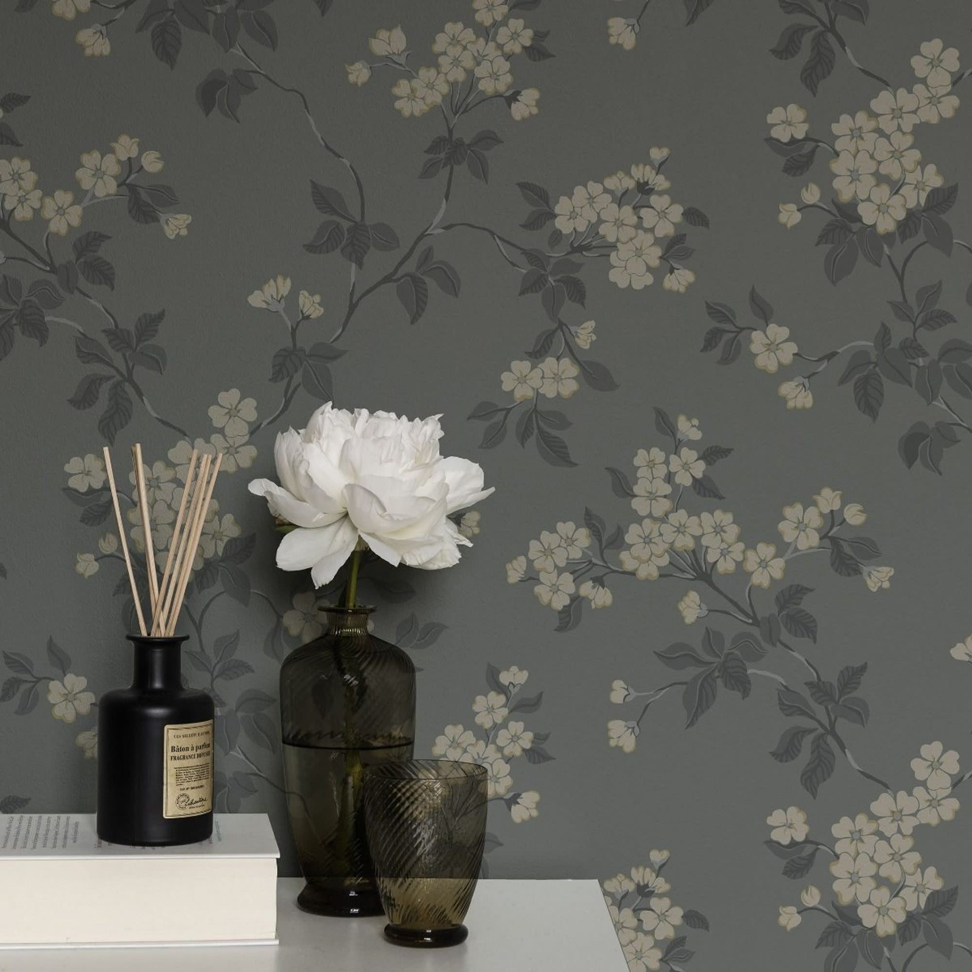 Duro Karin 679-04 Tapet Blommor & Blad Mörkgrå