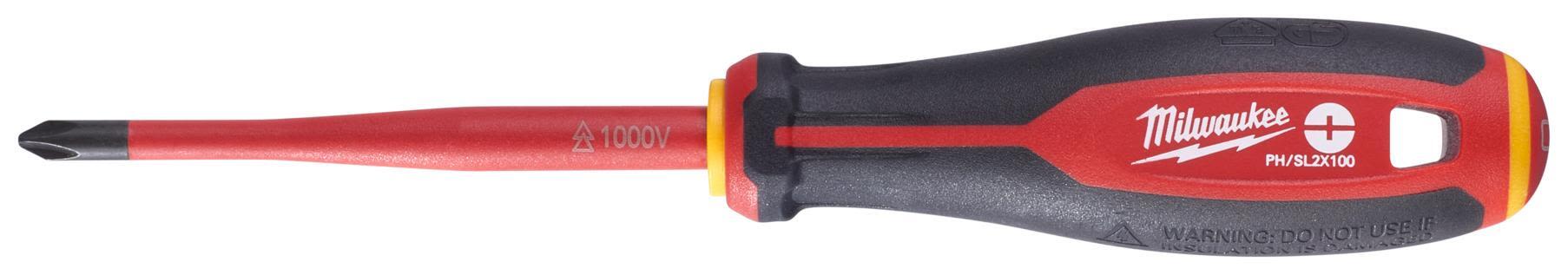 Milwaukee Tri-Lobe VDE Skruvmejsel 3-sidigt antirullhandtag PH/ SL2 x 100 mm