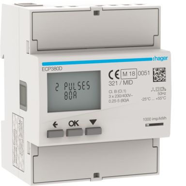 Hager ECP380D Energiamittari 3-vaihe, suora pulssi, 80 A, 92–276 V, IP20