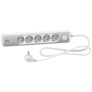 Schneider Electric Unica Extend Grenuttak jordet, 2xUSB, Hvit/alu, 1.5 m