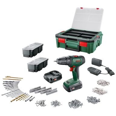 Bosch DIY Universal Drill 18 + SystemBox Skruetrækker med tilbehør, 1,5 Ah batterier og oplader