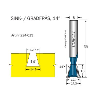 Cobolt 224-013 Sinkfräs 14° D=12,7/14,3 L=13 TL=58 S=8
