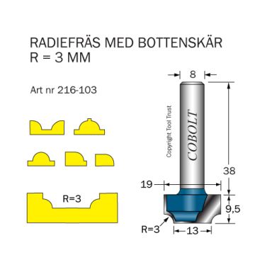 Cobolt 216-103 Radiefräs R=3 D=19/13 L=9,5