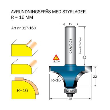 Cobolt 317-160 Avrundningsfräs R=16 D=45 L=22