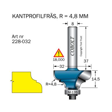 Cobolt 228-032 Profilfräs D=32 L=14,5 R=4,8