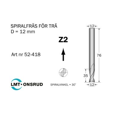Cobolt 52-418 Spiralfräs D=12 L=35 TL=76 Z=2 S=12