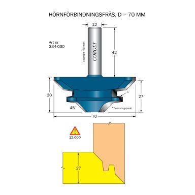 Cobolt 334-030 Hjørnefugefræser 45° D=70 L=30 TL=72 S=12