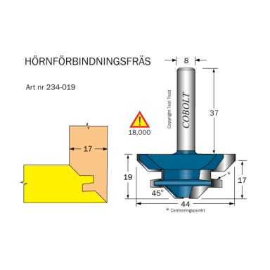 Cobolt 234-019 Hörnfogfräs 45° D=44 L=19 TL=57 S=8