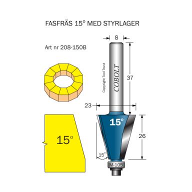 Cobolt 208-150B Fasefræser 15° D=23 L=26 F=6,5 TL=73 S=8