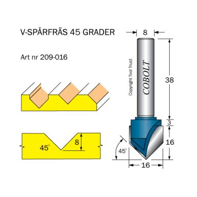 Cobolt 209-016 V-spårsfräs 45° D=16 L=8 TL=53 S=8