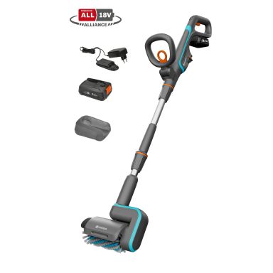 Gardena AquaBrush Terassipesuri akun ja laturin kanssa
