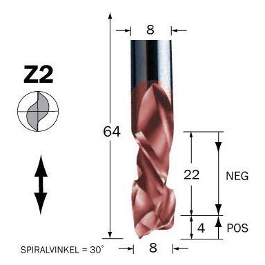 Cobolt 60-153MC Spiralfräs D=8, L=22, TL=64, Z=2